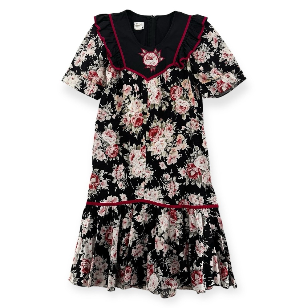 Vintage RM Muumuu Dress Womens 10 Hawaiian Black Floral Midi Ruffle Aloha USA